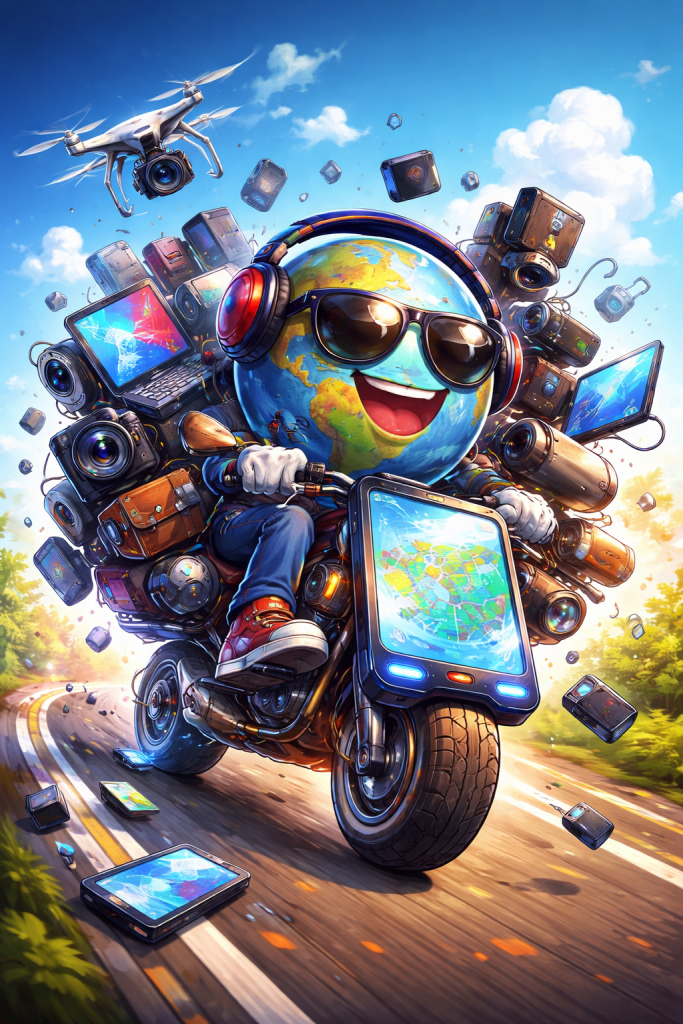 The Earth as a face → global knowledge, worldwide connection Bike ride → fast-moving information, daily updates, momentum Surrounded by gadgets (cameras, phones, drones, tablets) → Technology Media Content creation Information sharing.